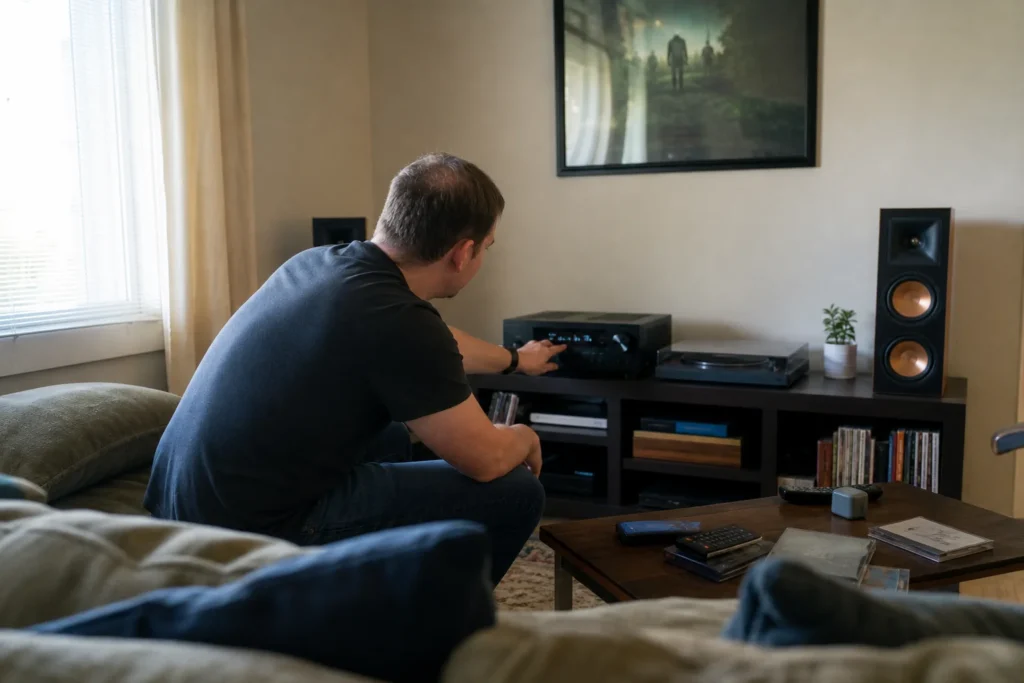 Person som justerar inställningar på en AV-receiver i ett vardagsrum som ett steg i att bygga en hemmabio.